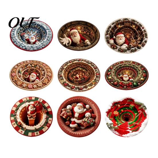 Christmas Party Supplies 3D Round Rug, Optical Illusion Area Santa Claus Deep Hole Floor Mat Prints, Non-slip Welcome Rug for Entrance Living