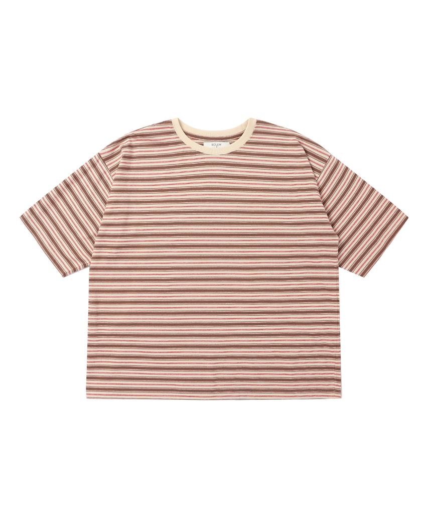 SOLEW Oversized Half Sleeve T-Shirt_Brown Stripe