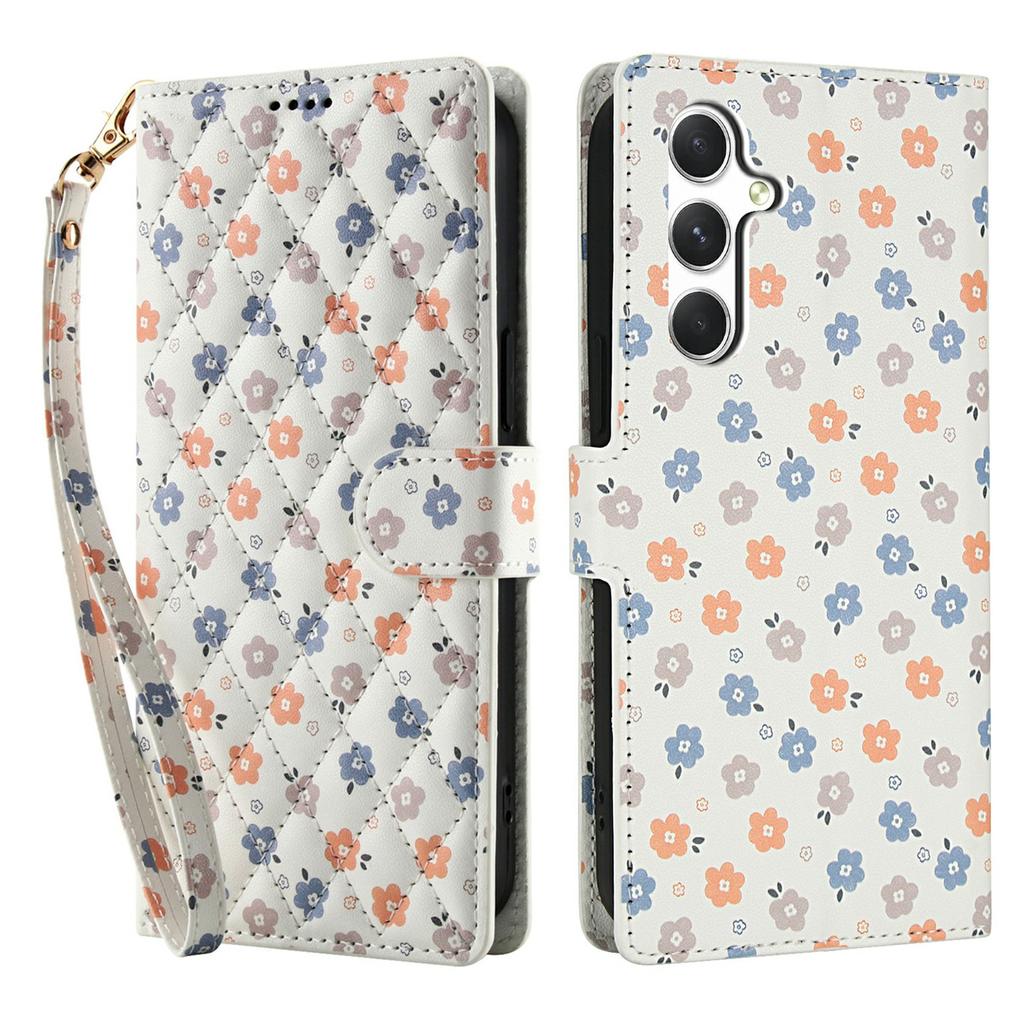 For Samsung Galaxy A55 5G Wallet Case Rhombic Floral Design Leather Flip Phone Cover with Strap