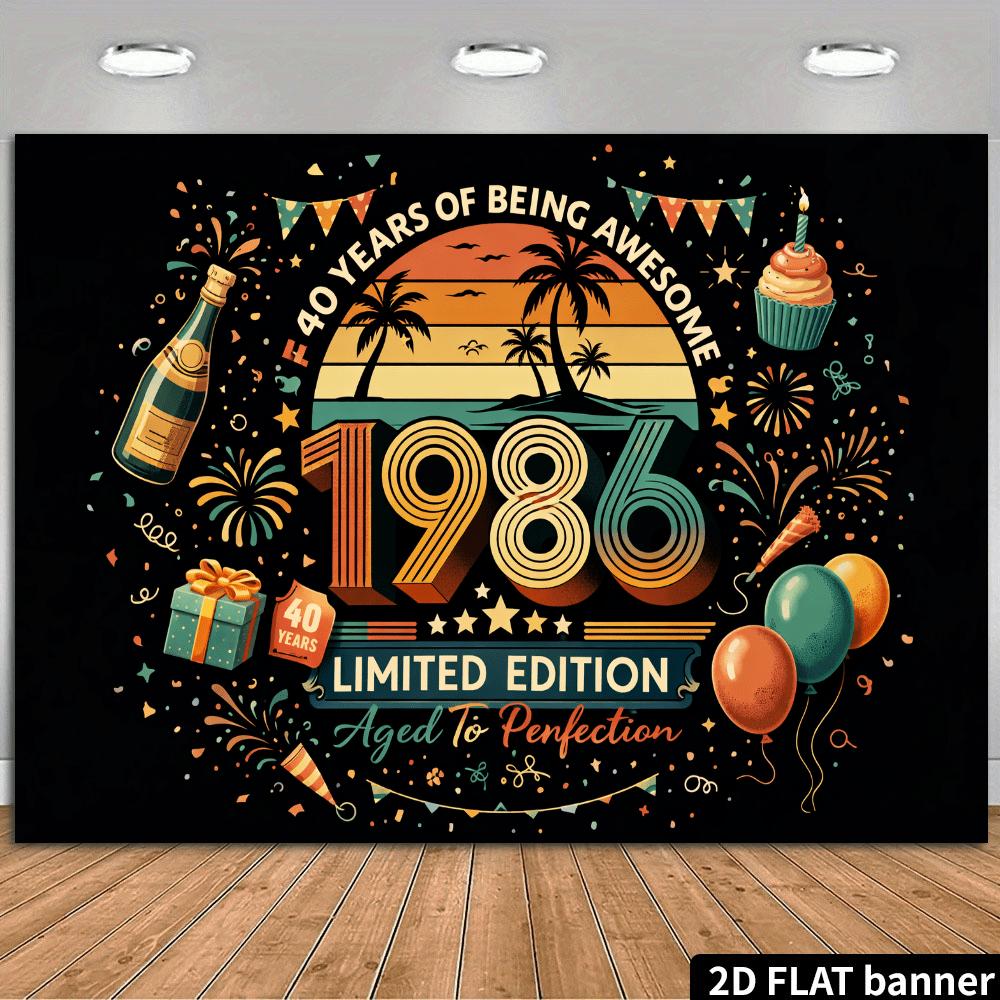 2D planar retro 1986 birthday party background fabric, 40th anniversary banner, with champagne