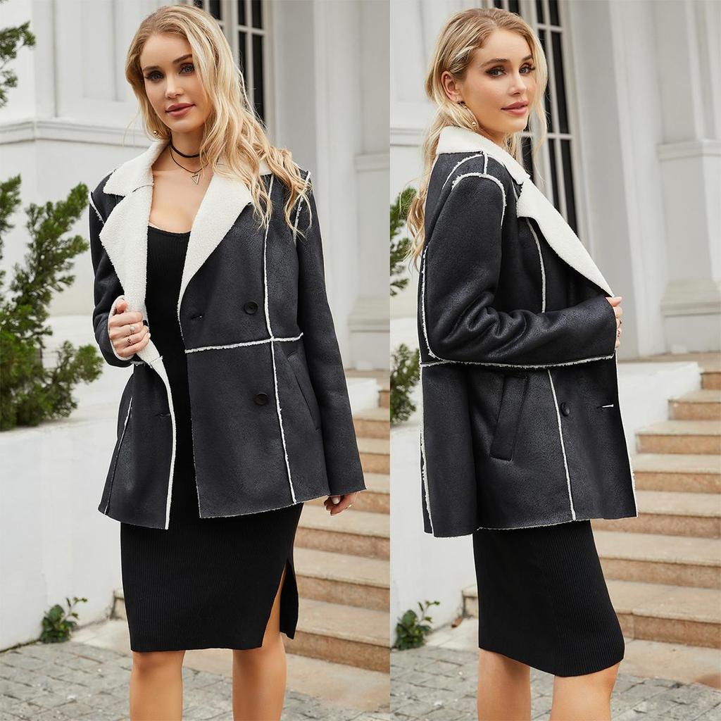Женские замшевые пальто средней длины Блейзеры из искусственной кожи с плюшевой флисовой подкладкой и лацканами Двубортные куртки из искусственной кожи Для работы в офисе Осень-зима Верхняя одежда