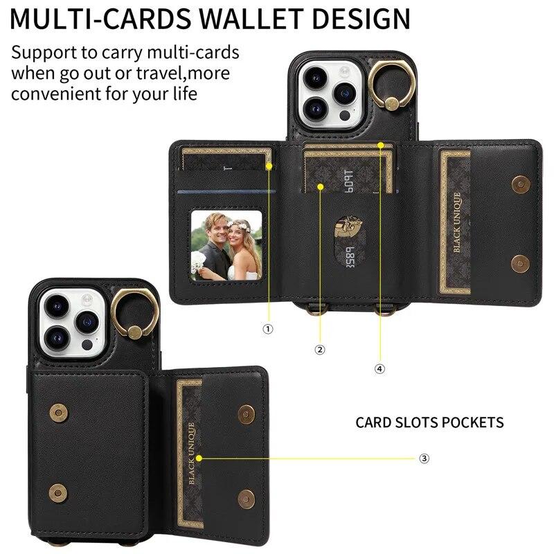 Кожаный чехол-кошелек с ремешком с кольцом для iPhone 15 Pro Max 14 Plus 13 Pro 12 Samsung Galaxy S24 Ultra S23 S22 21 FE A25 A15 A54 A34 A14, раскладной чехол для телефона