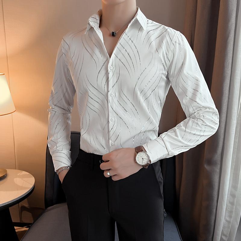 Bronzing Striped Men Shirts Autumn Fashion Long Sleeve Male Dress Shirt Club Party Wear Social Casual Blouse Homme