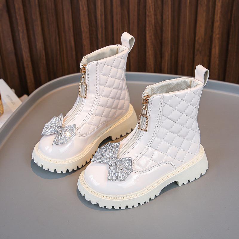 Осенне-зимние детские зимние ботинки с застежкой-молнией спереди, водонепроницаемые нескользящие пинетки, детские ботинки в клетку для девочек, блестящие ботильоны с бантом