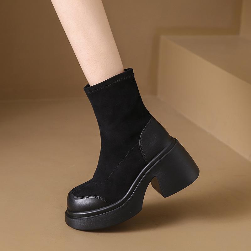 Короткие сапоги женские осень и зима 2024 новые высокие эластичные сапоги тонкие сапоги толстый каблук толстая подошва средние матерчатые сапоги