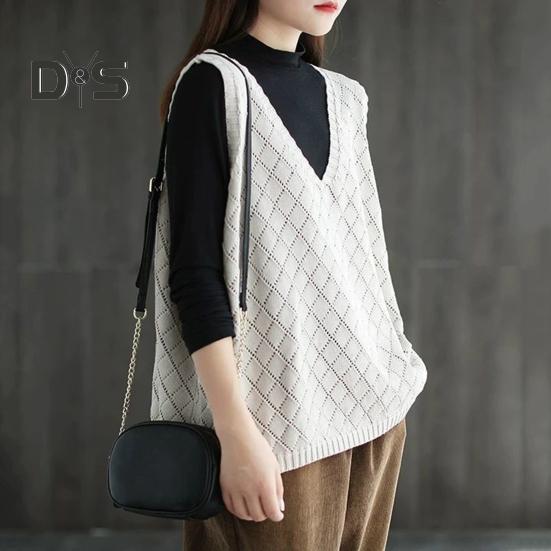 Весна Осень Женский Жилет Вязаный Свитер Ретро V-образный Вырез Свободный Без Рукавов Однотонный Пуловер Ажурный Ромбовидный Текстурный Топ Повседневная Одежда