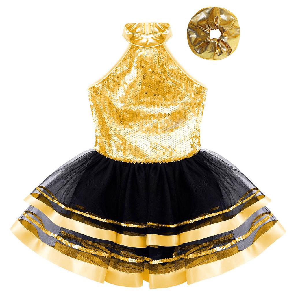 Girls Dance Performance Dress Halter Sleeveless Backless Design Sparkling Sequins Decorated Tutu Costume
