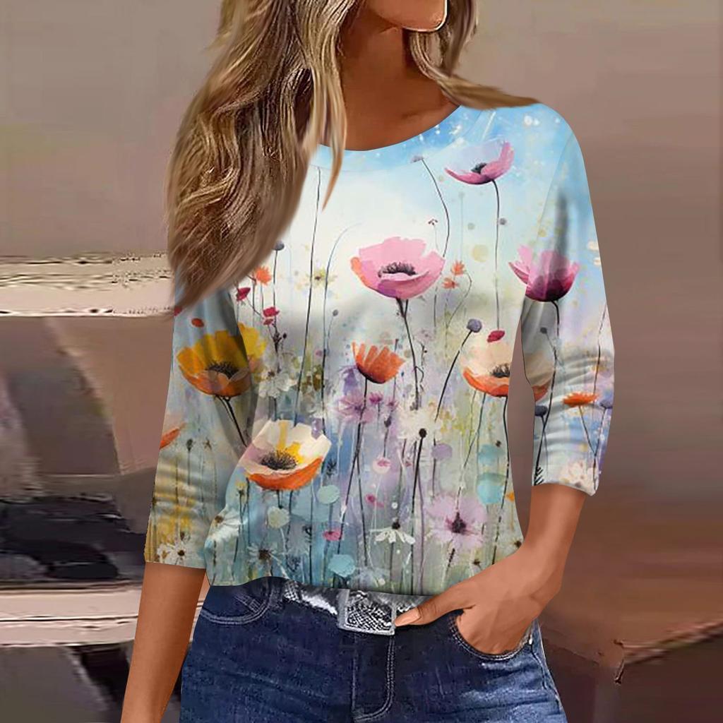 3/4 Length Sleeve Womens Tops Floral Print Vintage Fashion Casual Loose With Round Neck Plus Size Shirts