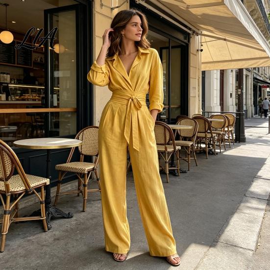 Collared Long Sleeves Jumpsuit Women V Neck Jumpsuit, One Piece Romper with Dressy Casual Fall Outfits Belt, Solid Color Wide Leg Pants Lady