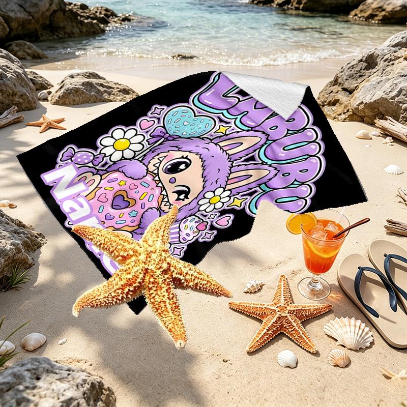 Custom Name Personalized Labubu Print Beach Towel, for Trip Camping Beach Party Home Decor, Birthday Gift for Family & Friends