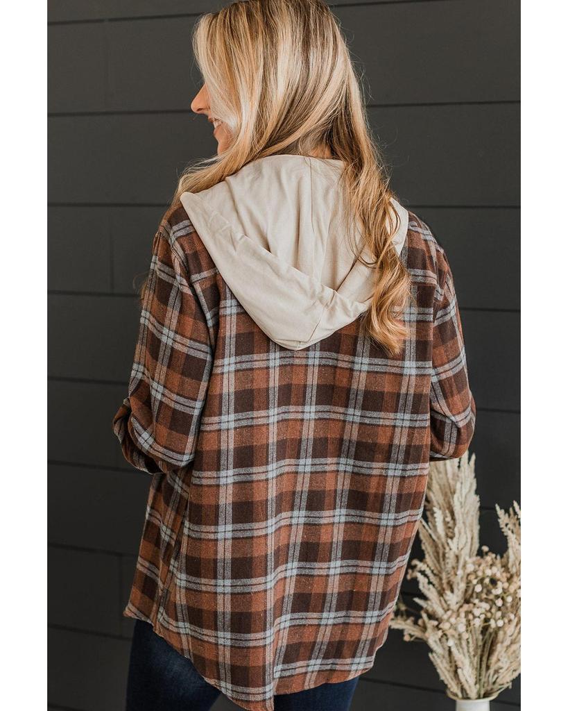 Azura Exchange Brown Plus Size Plaid Contrast Button Up Hooded Jacket