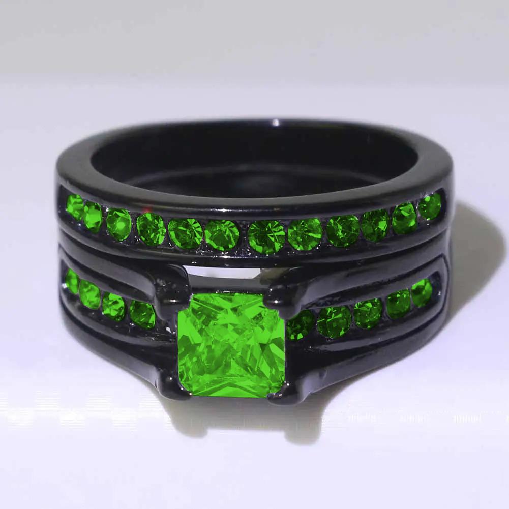 Charm Couple Rings Romantic Women Green Rhinestones Rings Set Trendy Men's Stainless Steel Rings Wedding Jewelry For Lover Gifts