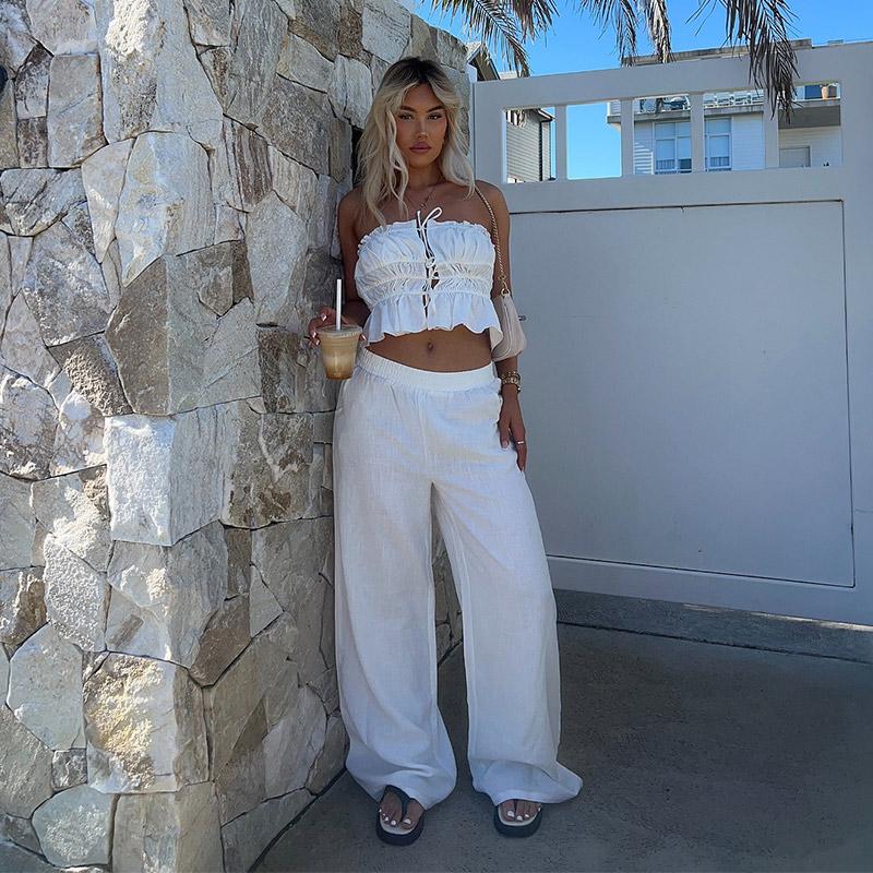 Элегантный однотонный комплект из двух предметов из хлопка и льна, женский сексуальный укороченный топ + широкие брюки, женский комплект из 2 предметов