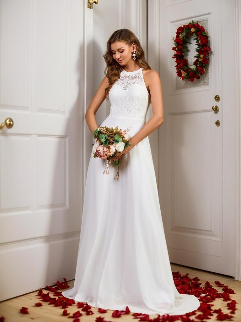 European & American Halter Embroidered Slit Fishtail Evening Dress