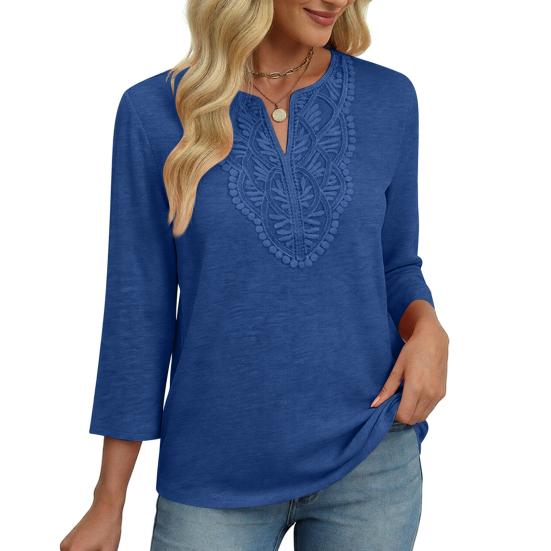 Женские топы с рукавом три четверти, V-образным вырезом, с узором из ажурной вышивки, свободного кроя, повседневная блузка, для повседневной носки