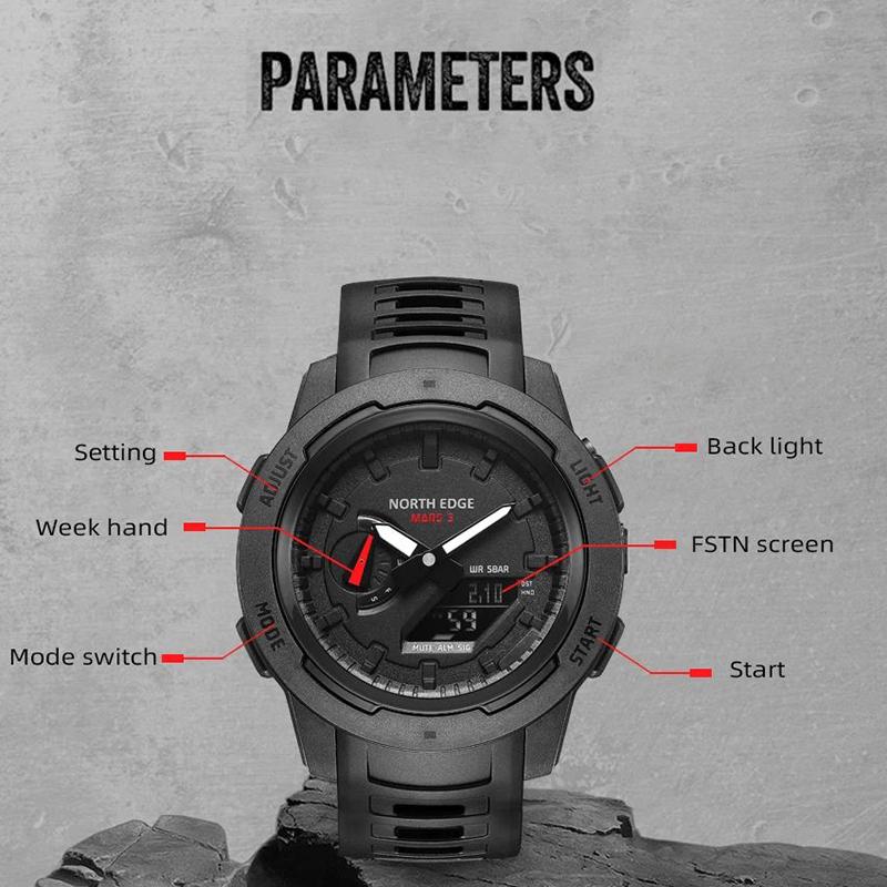 NORTH EDGE Mars 3 Men's Military Watch Digital Carbon Fiber Case For Man Waterproof 50M Sports Watches World Time LED Wristwatch