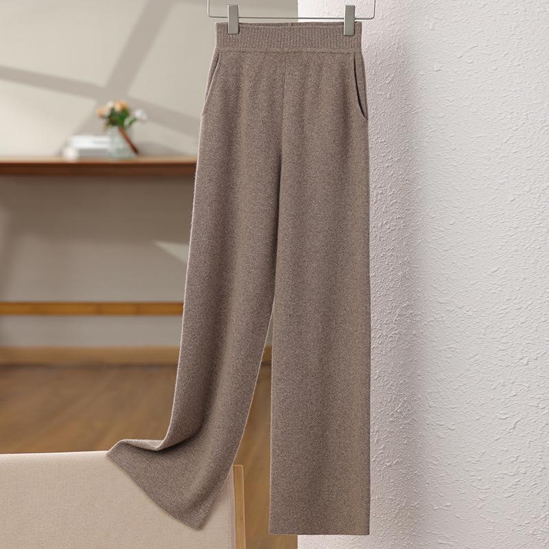Женские драпирующиеся шерстяные брюки с высокой посадкой и широкими штанинами, осенне-зимний стиль, мягкие, универсальные, повседневные, длиной до пола, вязаные прямые штанины.