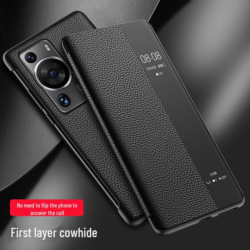 Чехол-книжка из натуральной воловьей кожи первого слоя с сенсорным окном для Huawei P60/P60 Pro