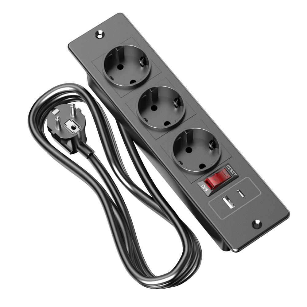 Встраиваемая в мебель розетка 3 порта AC Переключатель питания сброса USB-A USB-C Утопленная удлинительная планка Для установки в стол столешницу шкаф