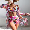 Swimsuit Women's Split Three Piece Set High Waist Long Sleeve Ins Overshirt Drawstring Printed Bikini Suits