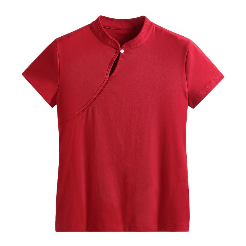 Летняя женская футболка в китайском стиле с тонким воротником-стойкой и коротким рукавом