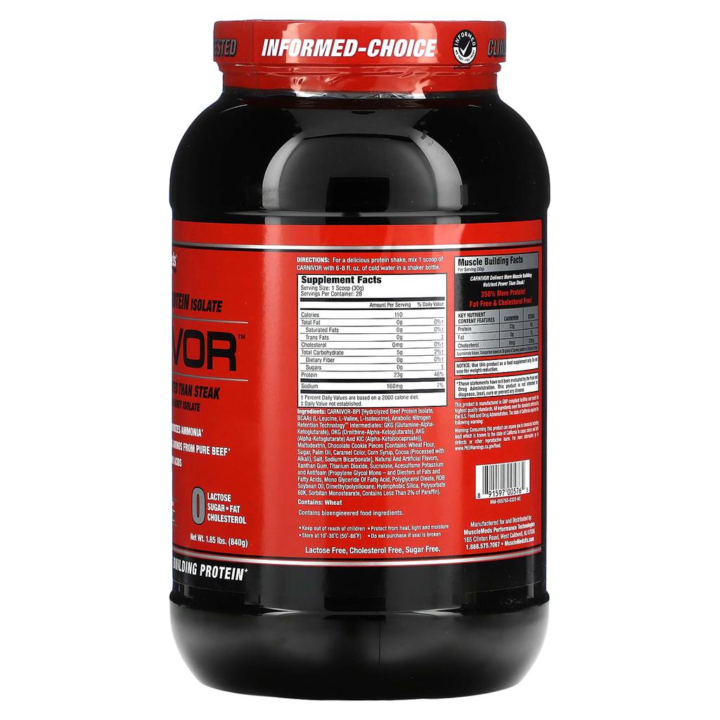 MuscleMeds Carnivor, Bioengineered Beef Hide Protein Isolate, Cookies & Cream, 1.85 Lbs 840 G (840 G)