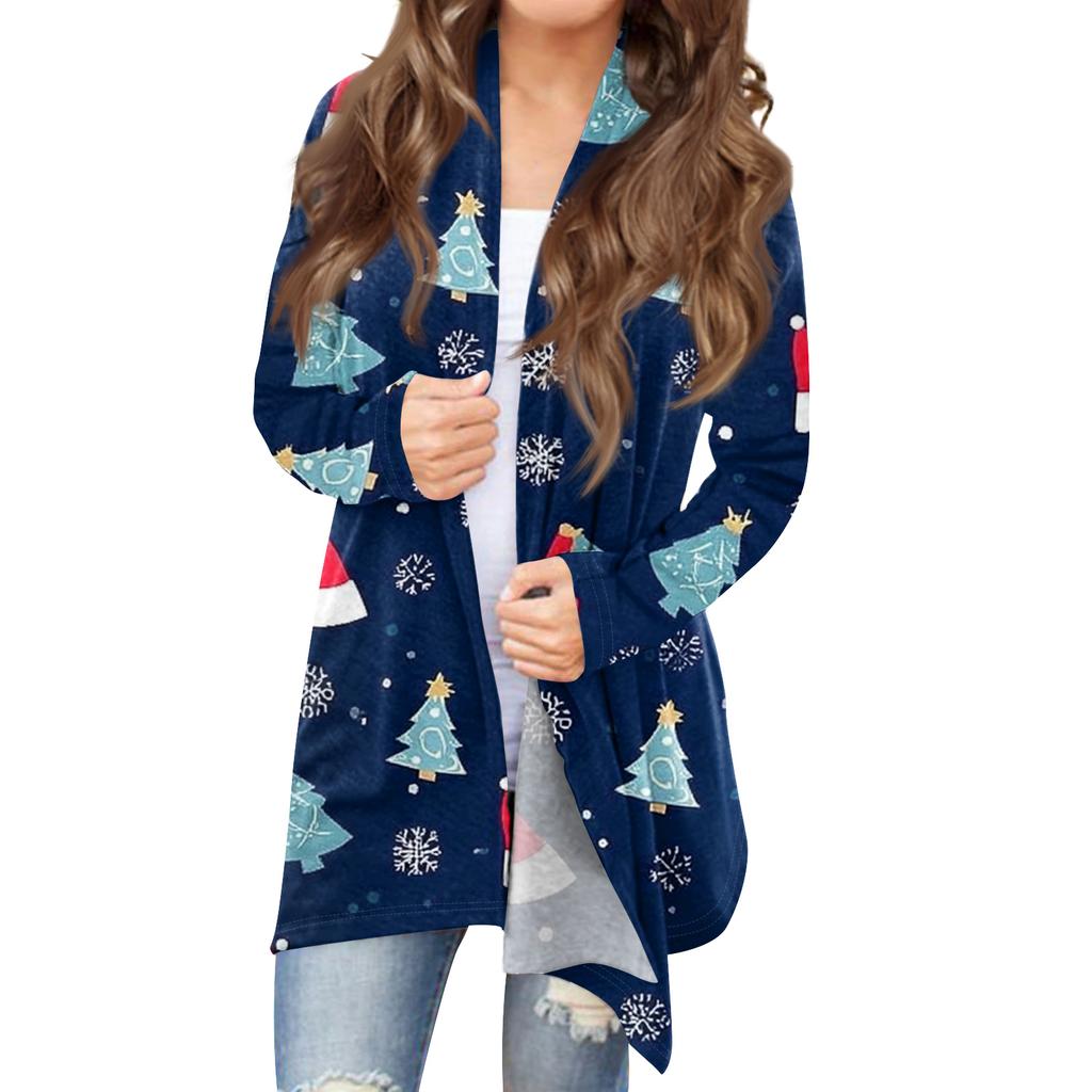 Women's Fashionable Loose-Fit Casual Cardigan With Christmas Print Mid-Length Coat