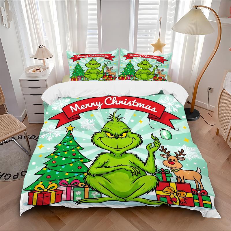 3Pcs Grinch Christmas Celebration Bedding Set Quilt Cover Pillowcase Home Christmas Xmas Halloween Gift 1 Duvet Cover 2 Pillowcase S921663