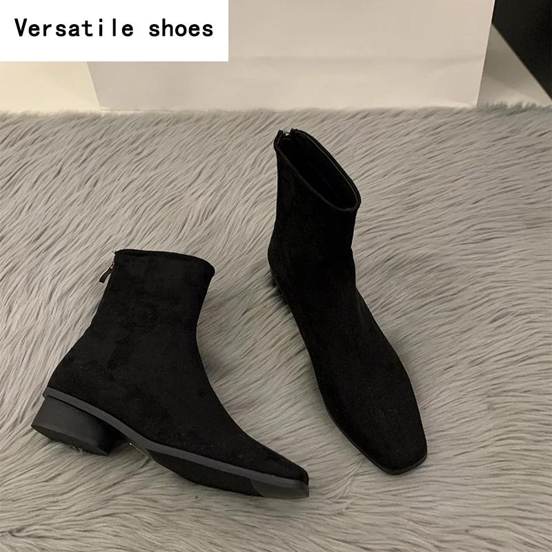 Уличный стиль женские ботильоны модные элегантные туфли на молнии осень-зима квадратный каблук женские эластичные современные короткие ботильоны