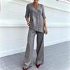 Autumn Women's Casual Cotton Linen Solid Short Sleeve V-Neck Tunic Top
