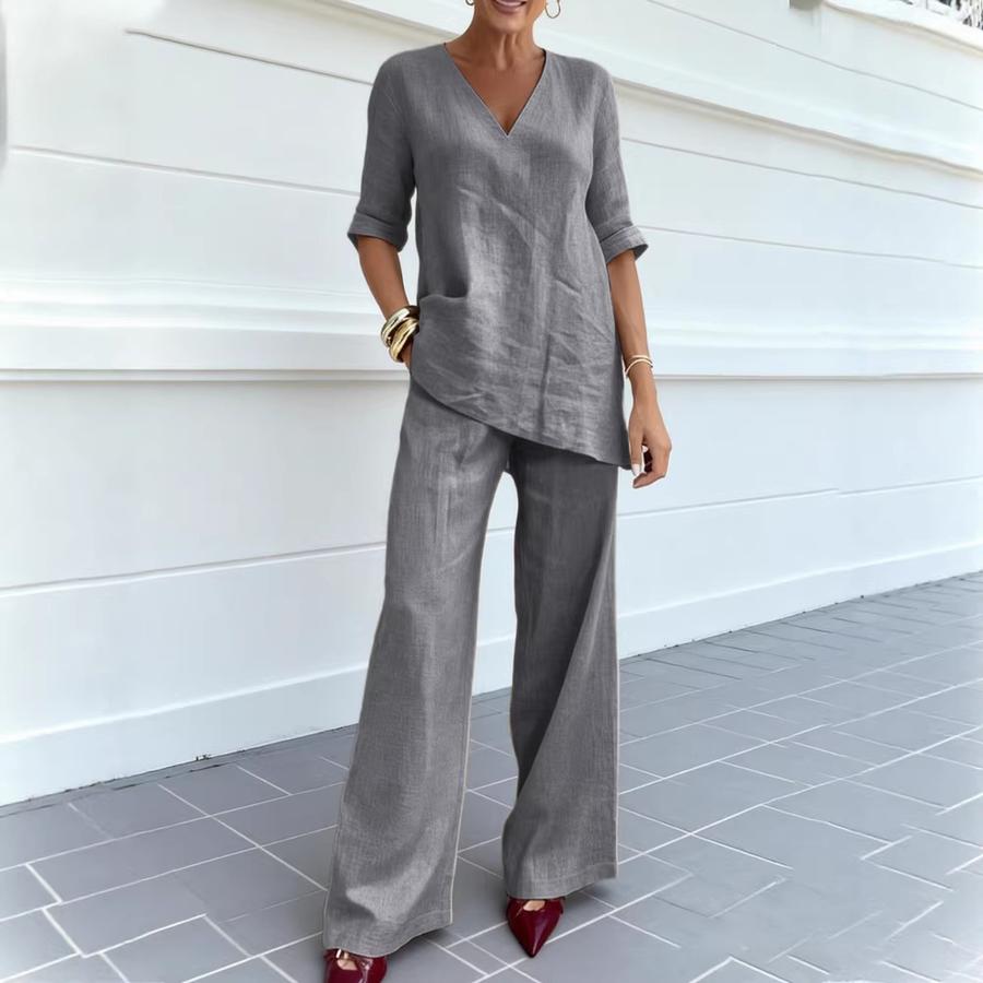 Autumn Women's Casual Cotton Linen Solid Short Sleeve V-Neck Tunic Top