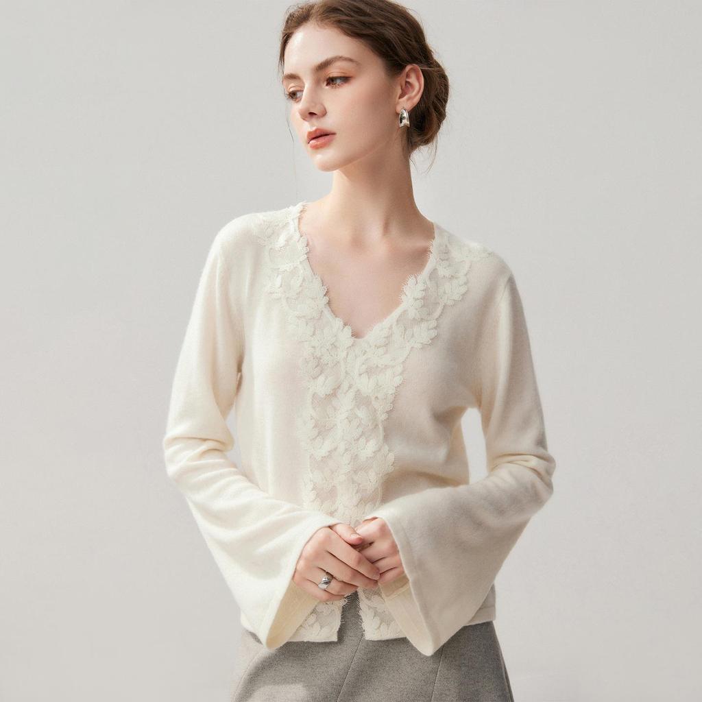 Women's V-Neck Bell Sleeve Cashmere Cardigan - Handmade Crochet Lace, Single-Breasted, Warm Autumn/Winter Layer