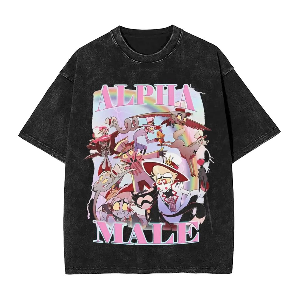 Unisex Vintage Washed Cotton T-Shirt Hazbin Hotel Alastor Radio Demon Graphic Tee Unisex Loose Streetwear Anime Casual Short Sleeve Top