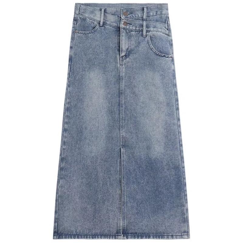 Джинсовая юбка больших размеров с разрезом, юбка до половины тела для женщин, летняя юбка трапециевидной формы средней длины с высокой талией в стиле ретро