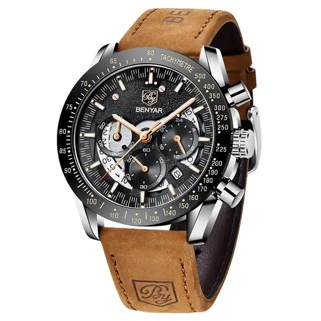 Benyar 5120 Часы Relojes Hombre Новые Мужские Деловые Сплав Повседневные Нержавеющая Сталь Кожаный Ремешок Кварцевые 5120 Наручные Часы Модные Часы