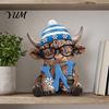 Colorful Resin Crafts 4Pcs Christmas Highland Cow Figurine, Winter Blue Yak Statues with Snowflakes Xmas Comfortable Hand Feel Decor Hats, Farmhouse