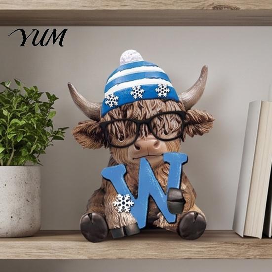 Colorful Resin Crafts 4Pcs Christmas Highland Cow Figurine, Winter Blue Yak Statues with Snowflakes Xmas Comfortable Hand Feel Decor Hats, Farmhouse