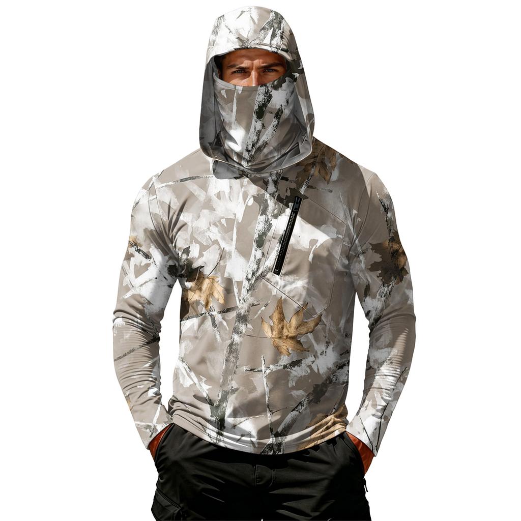 Men’s Casual Hooded Long Sleeve Sun Top with Leaf Camouflage Print and Zippered Chest Pocket for Outdoor Activities