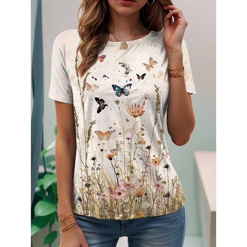 Women's Casual T-shirt 3D Printed Flower Print Round Neck Retro Elegant Long Sleeves Women's Fashion Pullover Long Sleeve Tops