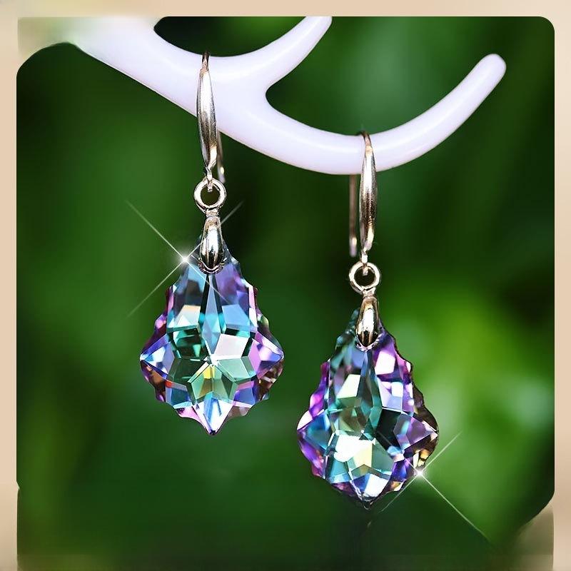 Ladies' Blue Baroque Leaf Earrings with S925 Silver Needle & Austrian Crystals