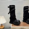 Thick-soled belt buckle boots autumn and winter new suede splicing fashion tall knight boots stacked pants tube boots
