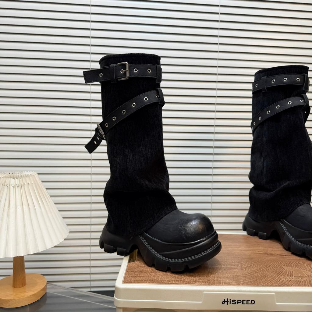 Thick-soled belt buckle boots autumn and winter new suede splicing fashion tall knight boots stacked pants tube boots