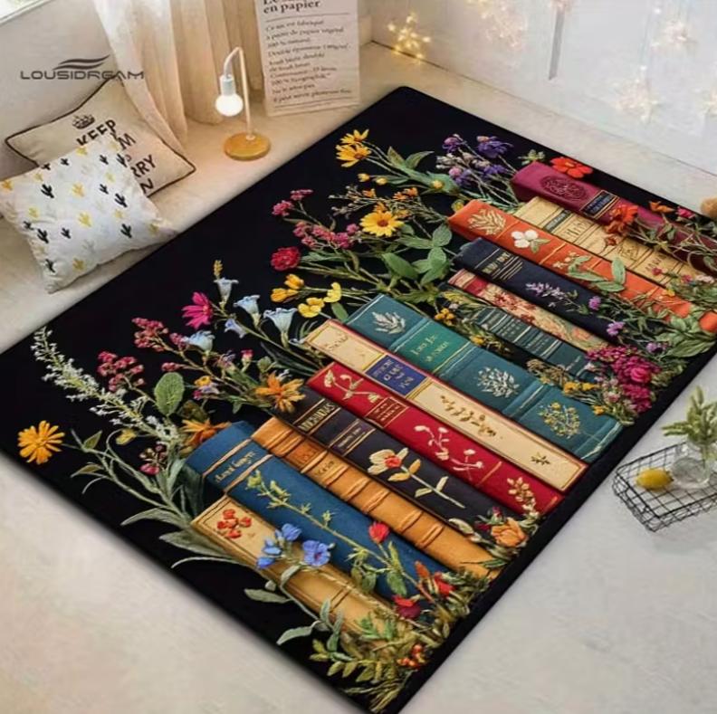 Vintage Floral Book Print Rug Anti-slip Soft Flannel Floor Mat Black Carpet Bedroom Study Living Room Home Decor Book Lover Gift