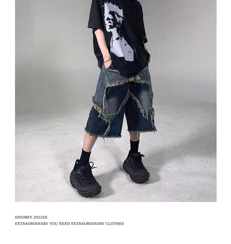 Мужские модные ретро-шорты из синего денима с необработанным краем — свободный крой, уличный стиль
