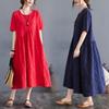 Women Summer Cotton Linen Loose Jacquard Irregular Dress Casual O-neck Short Sleeve Solid Color Dresses