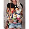 Женские модные топы Повседневная футболка с принтом 3D Cat Футболка со свободным рукавом и длинным рукавом с круглым вырезом Женская футболка Harajuku