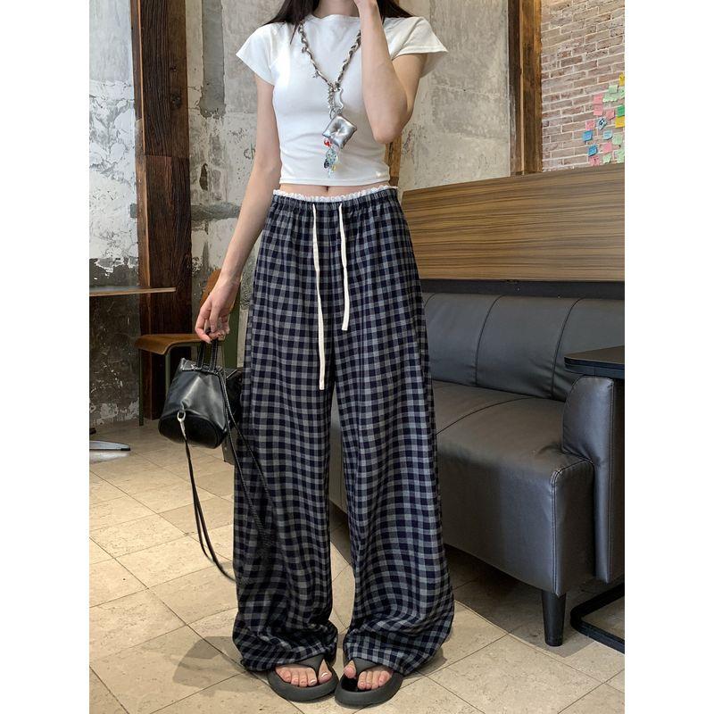 Kumikumi Idle Style Retro Gingham Elastic Waist Casual Pants Women's Clothing Autumn Stitching Lace Drooping Wide-Leg Pants