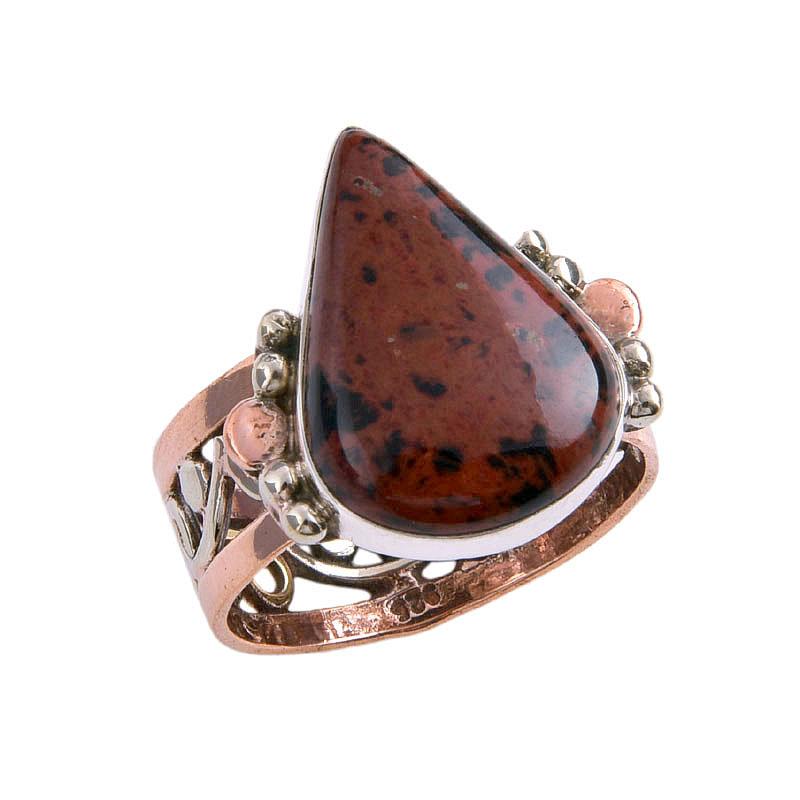 Natural Mahogany Red Obsidian Gemstone 925 Solid Silver Two Tone Ring S.8.5 s6Y07
