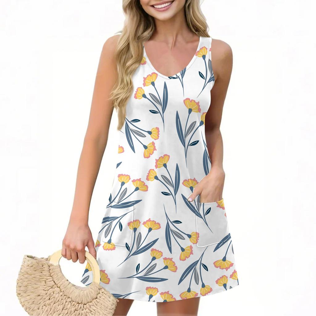 Женское повседневное летнее платье-жилет с карманами, цветочным принтом, V-образным вырезом, без рукавов