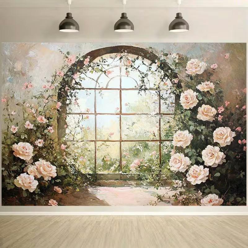 2D Printed Floral Window Backdrop Oil Painting Style Rose Garden Background Cloth
